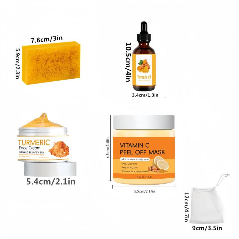 Turmeric Skin Care Kit, 4 Counts set Moisturizing Brightening Facial Skin Care Cream & Oil & Soap & Mask, Daily Skincare Product for Women & Men