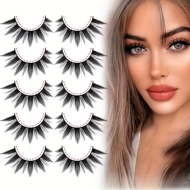 5 Pairs Fluffy False Eyelashes, Cat Eye Look Faux Cluster Lashes Full Volume Eyelash for Women and Girls Eye Makeup Enhancement