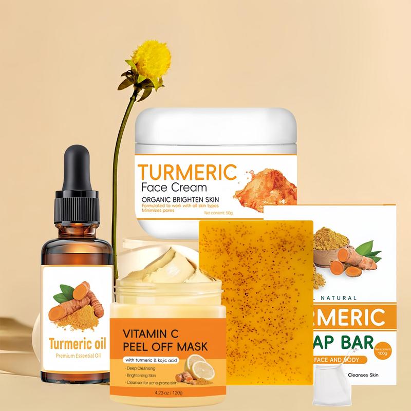 Turmeric Skin Care Kit, 4 Counts set Moisturizing Brightening Facial Skin Care Cream & Oil & Soap & Mask, Daily Skincare Product for Women & Men