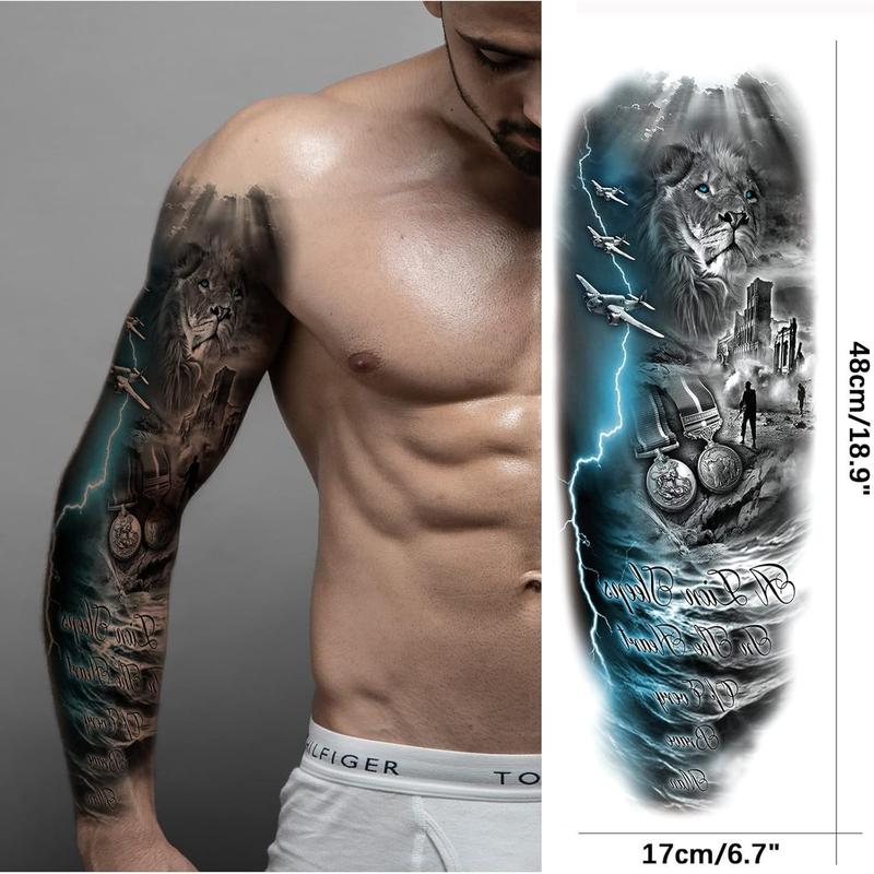 IN STOCKLion Wolf Temporary Tattoo Sleeve, Large Full Arm Animal Tribal Fake Tattoos Sleeve For Men Women Adult, Long Lasting Black Arm Temp Tatoo Sticker Leg Body Art Makeup, 4-Sheet