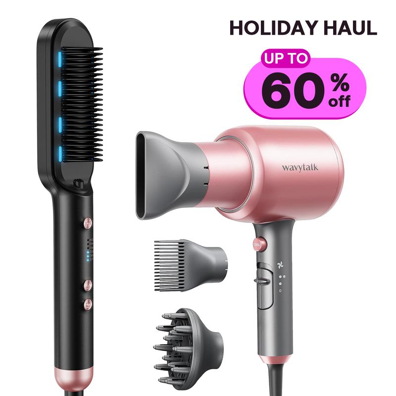 Wavytalk Negative Ion Hair Straightening Brush and Professional Ionic Hair Dryer with Diffuser Set