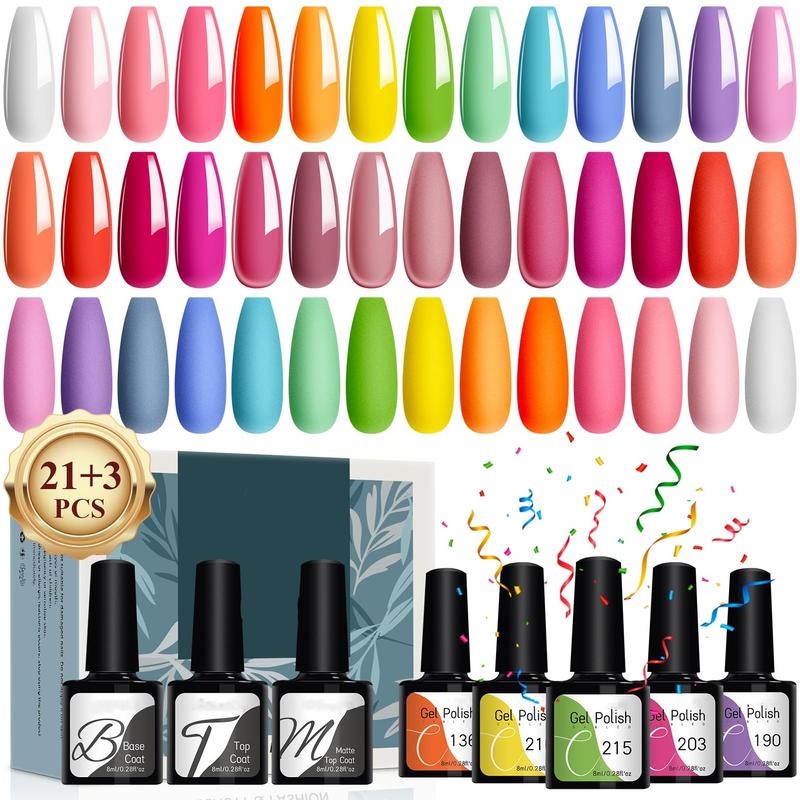 24-piece gel nail polish set with 21 colors, base top coats, for women's DIY at home, great as gifts.