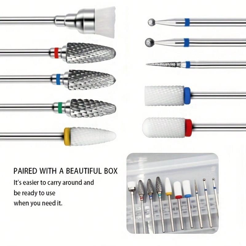 Nail Drill Bits Kit, 10pcs Tungsten Steel Ceramic Nail Art Grinding Head Set for Electric Nail Drill Machine, Professional Manicure & Pedicure Tools