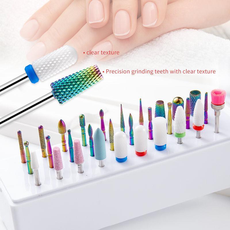 Nail Art Drill Bits with Storage Display Box, 30pcs Carbide Tungsten Grinding Head Set, Professional Manicure Nail Gel Polish Remover Tool