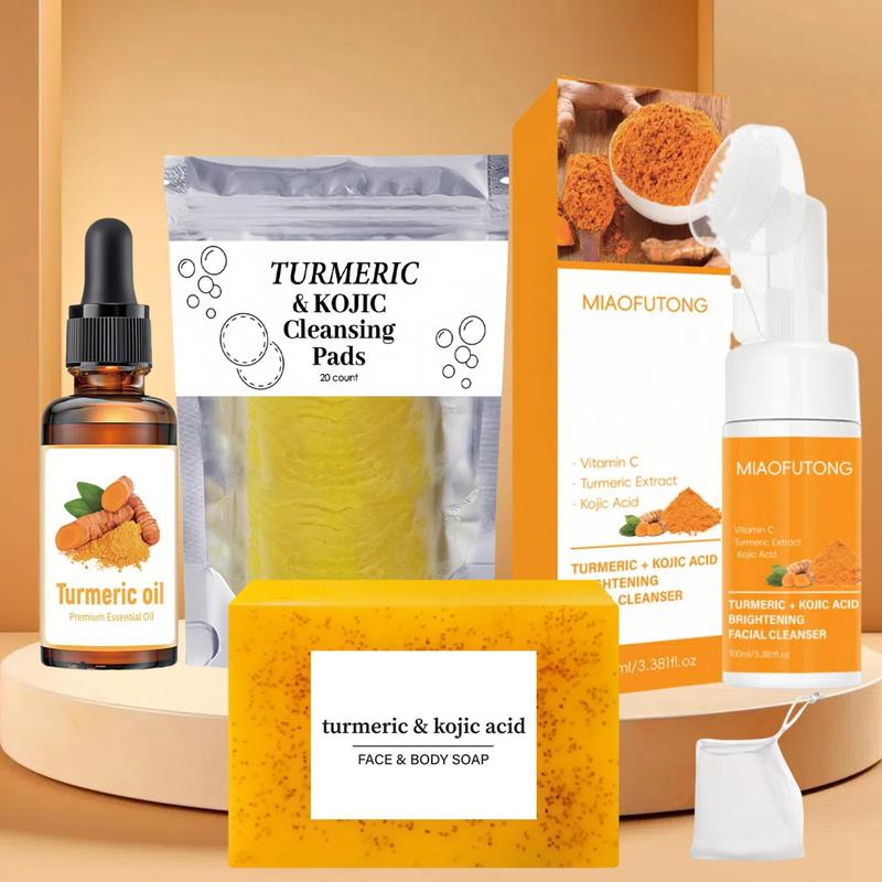 Turmeric Cleansing Set, 4 Counts set Including Soap & Cleansing Pad & Mousse Cleanser & Oil, Deep Cleansing & Nourishing Skin Care Kit for Women & Men, Christmas Gift