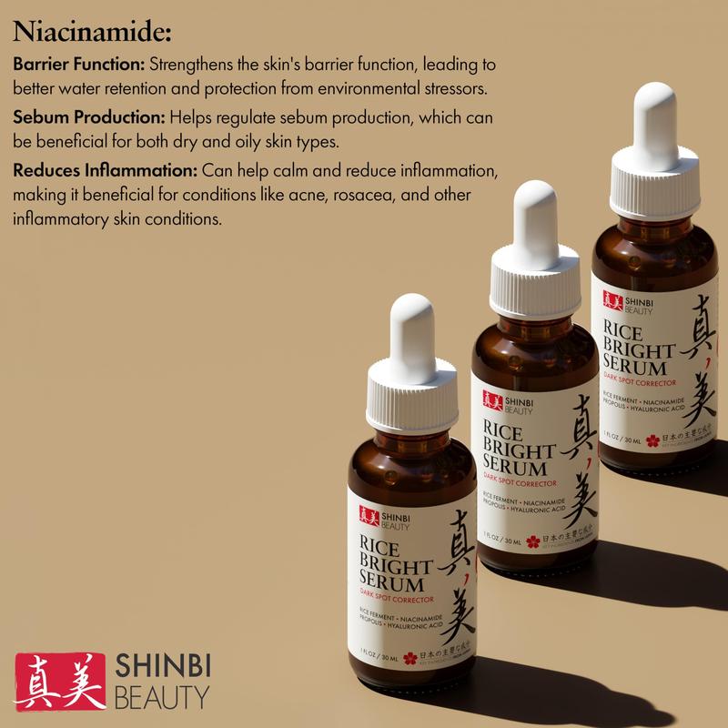 Shinbi Beauty Japanese Skincare Products - Niacinamide Melasma Brightening Serum for Dark Spots, Hyperpigmentation & Uneven Skin Tone 1oz Rice Hyaluronic