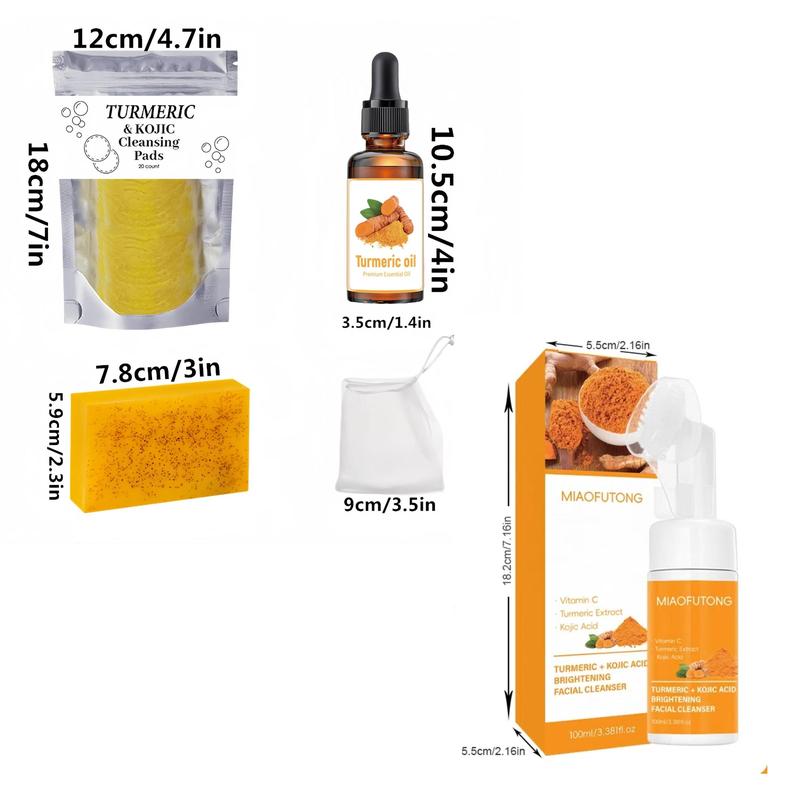 Turmeric Cleansing Set, 4 Counts set Including Soap & Cleansing Pad & Mousse Cleanser & Oil, Deep Cleansing & Nourishing Skin Care Kit for Women & Men, Christmas Gift