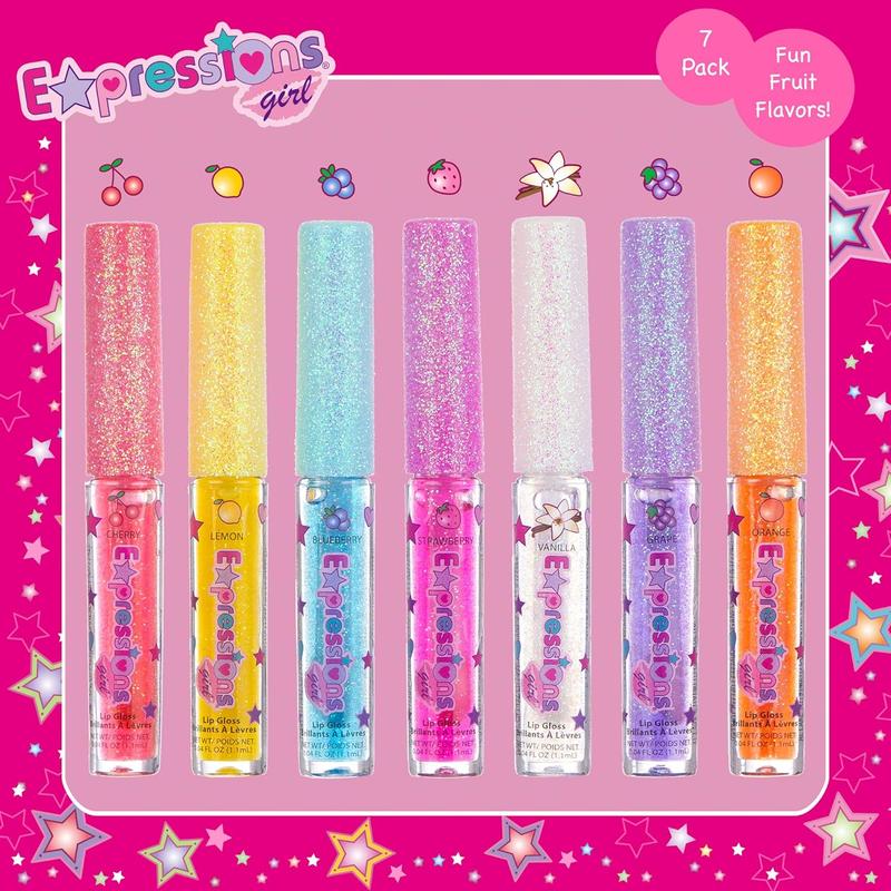 Expressions 7pc Fruity Flavored Lip Gloss Set - Lip Gloss in Assorted Fruity Flavors, Non Toxic Makeup for Girls & Teens