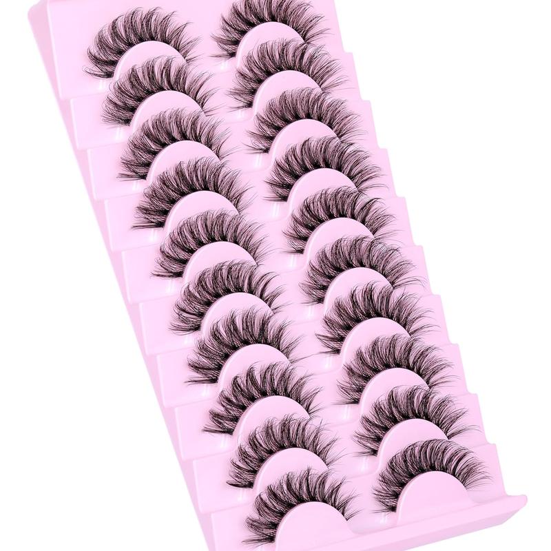 Fluffy False Eyelashes, 10 Pairs Faux Cluster Lashes, Natural Curling Eye Makeup Strip Lashes, Full Volume Eyelash for Girls Eye Makeup Enhancement