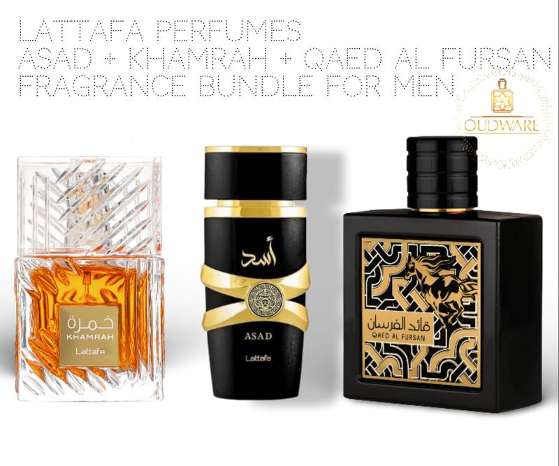 Lattafa Perfumes Asad + Khamrah EDP 100ml (3.4 Oz) & Qaed Al Fursan EDP 90ml (3.04 Oz) - Long Lasting Men's Fragrance Bundle -  Fragrance Value Bundle - Luxury Fragrance Gift Set For Men