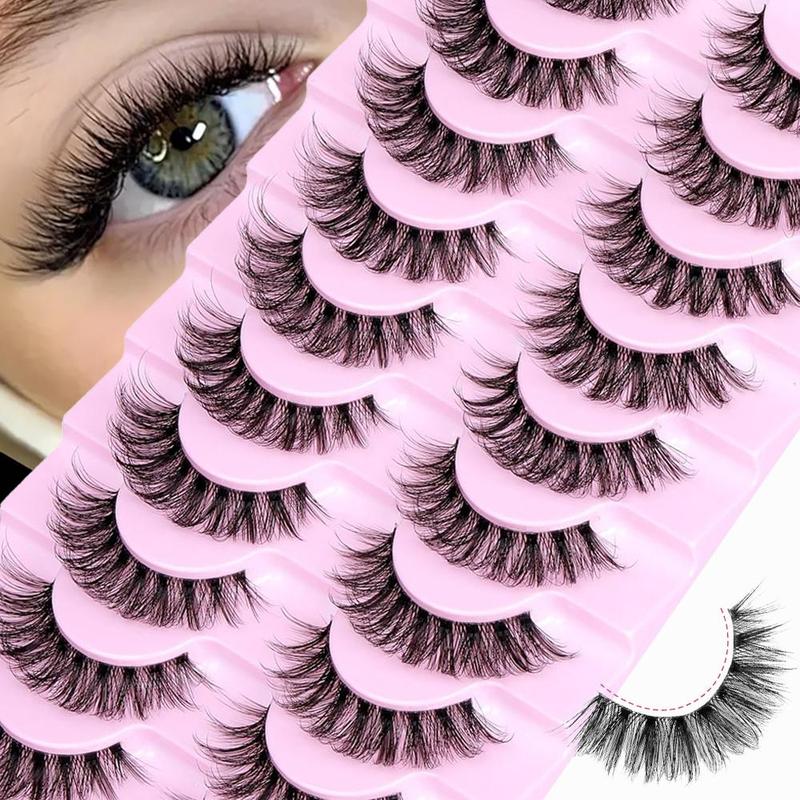 Fluffy False Eyelashes, 10 Pairs Faux Cluster Lashes, Natural Curling Eye Makeup Strip Lashes, Full Volume Eyelash for Girls Eye Makeup Enhancement