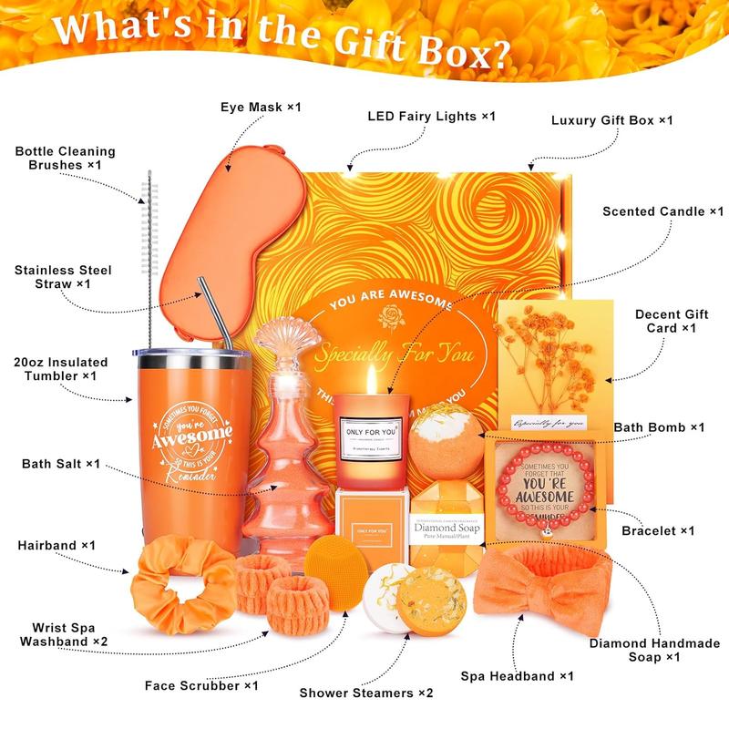 Birthday Gifts for Women, 15 count Care Package for Women, Orange Relaxing Self Care Gifts Get Well Gifts for Women,  Birthday Gifts Mothers Day Gifts Idea for Mom Her,  Friend Gifts for Women