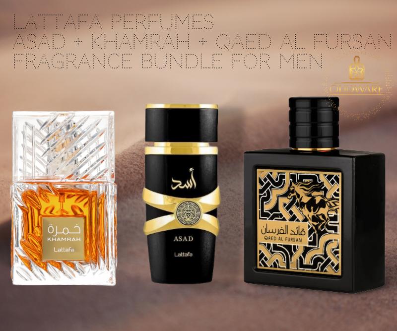 Lattafa Perfumes Asad + Khamrah EDP 100ml (3.4 Oz) & Qaed Al Fursan EDP 90ml (3.04 Oz) - Long Lasting Men's Fragrance Bundle -  Fragrance Value Bundle - Luxury Fragrance Gift Set For Men