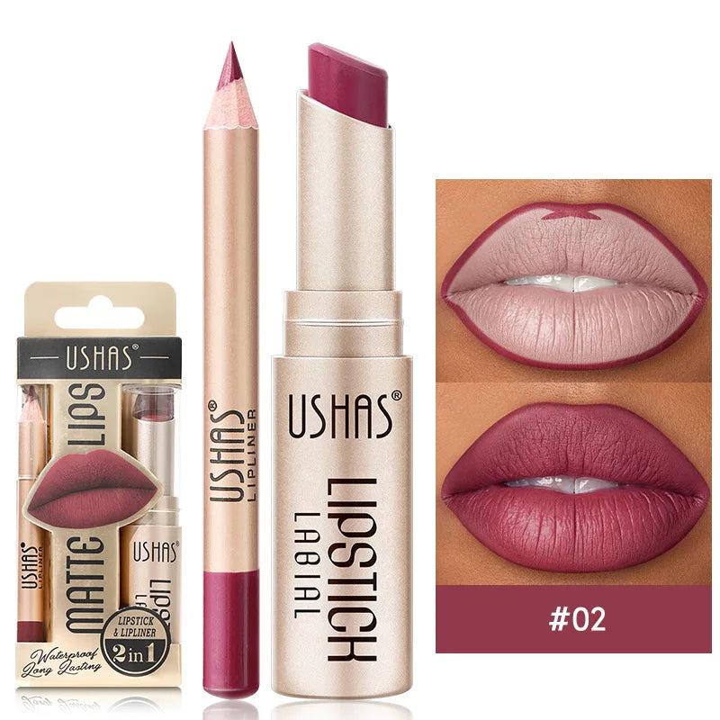 USHAS 12 Color Lip Liner + LIPSTICK Set Easy Coloring Matte Lipstick Long lasting nude red lipstick Gloss Lipgloss lipstick makeup lipstick glossy lip