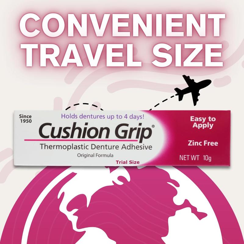 Cushion Grip Thermoplastic Denture Adhesive, 0.35 oz Travel Size | Refits and Tightens Loose Dentures On The Go | Non-Glue Adhesive, Acts Like a Soft Reliner