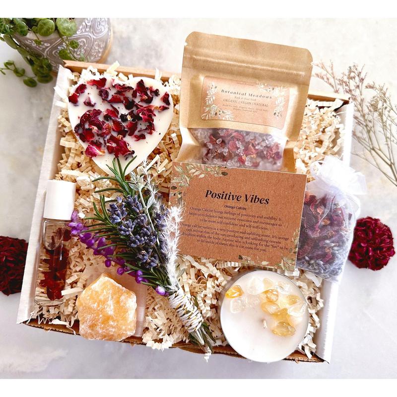 Positive Vibes Self-Care Gift Box | Botanical Organic Spa Mindfulness Crystals & Florals Care Package | Manifestation Set