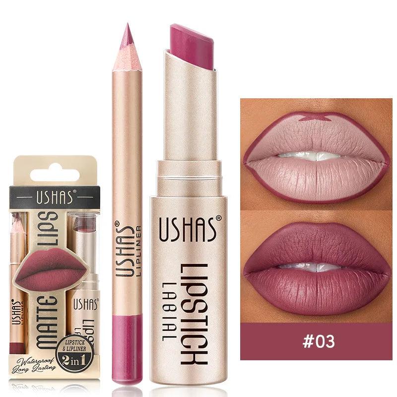 USHAS 12 Color Lip Liner + LIPSTICK Set Easy Coloring Matte Lipstick Long lasting nude red lipstick Gloss Lipgloss lipstick makeup lipstick glossy lip