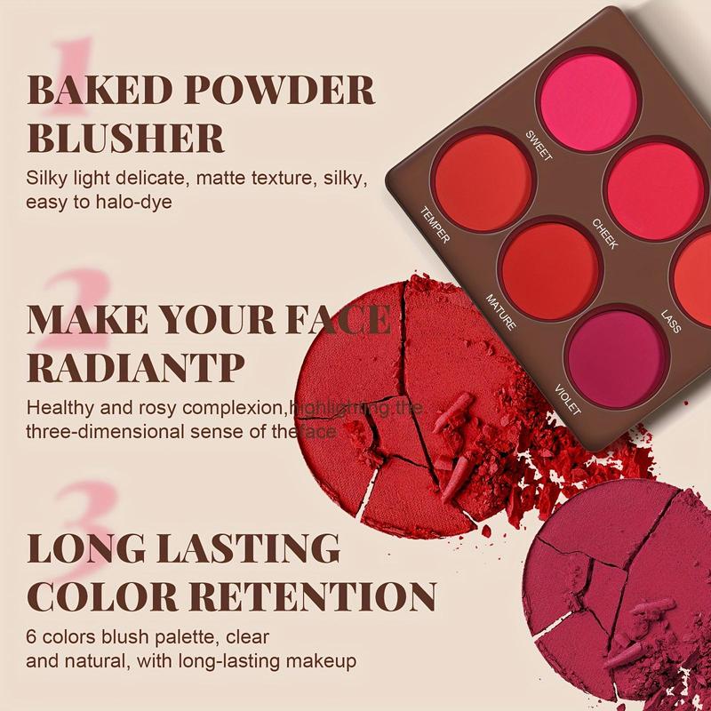 6 Color Blush Palette, Long Lasting Matte Blush Palette, Waterproof Blush for All Skins, Natural Face Makeup, Makeup Accessories for Women & Girls