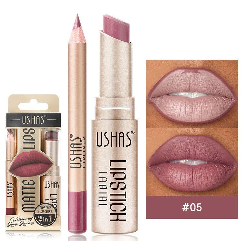 USHAS 12 Color Lip Liner + LIPSTICK Set Easy Coloring Matte Lipstick Long lasting nude red lipstick Gloss Lipgloss lipstick makeup lipstick glossy lip