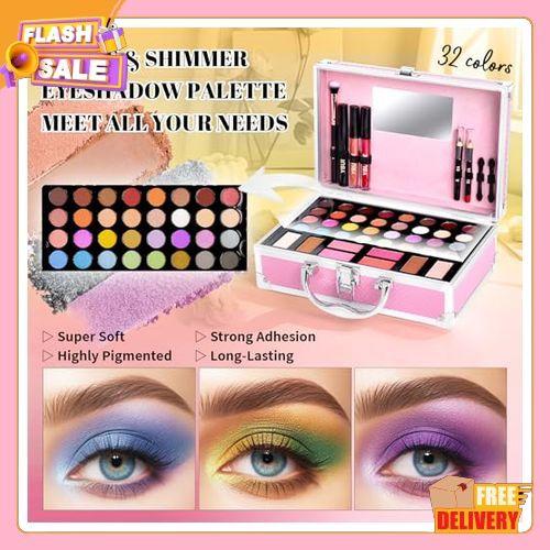 Beginner Makeup Kit for Teen,Makeup Set for Girl Women,Beginner Makeup Kit with Cosmetic Train Case Included 32 Colors Eyeshadow Blush Contour Lip Gloss Lip Liner Mascara Eyeliner Mirror