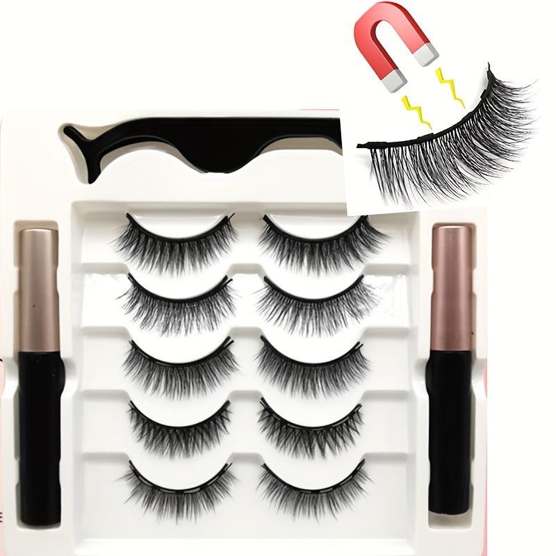 5 Pairs Magnetic False Eyelashes, Natural Look Curly Thick Faux Eyelashes, Eye Makeup Tool Set for Daily Use