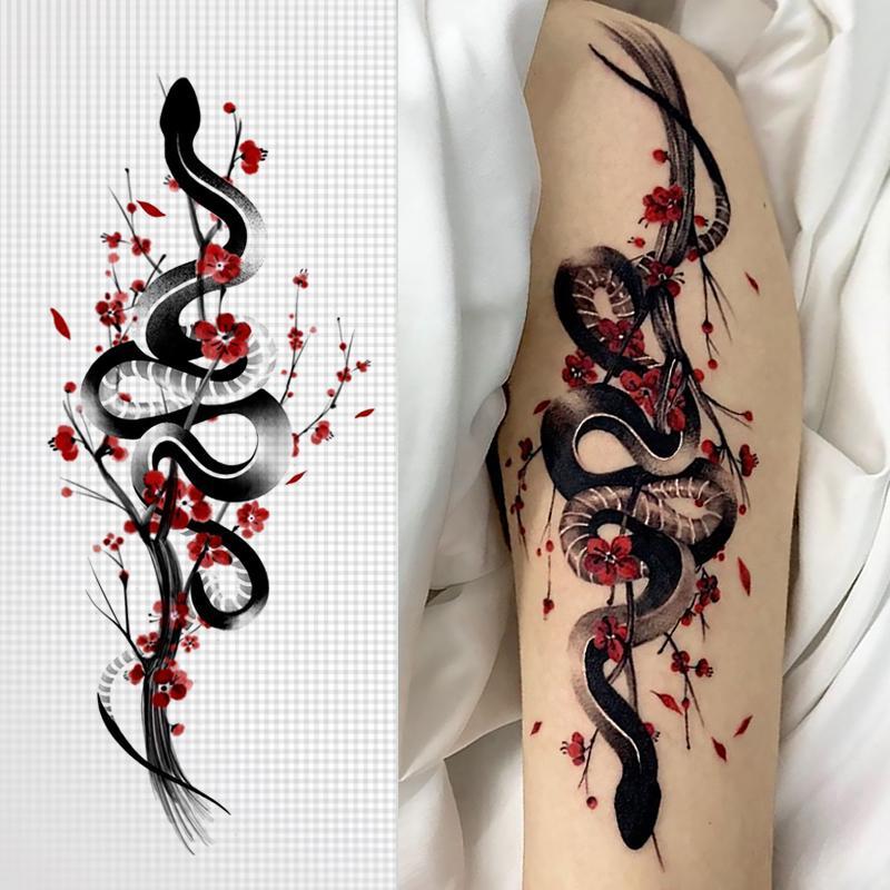 Snake and Plum Blossom Pattern Temporary Tattoo Sticker, 4 Counts set Waterproof Long Lasting Fake Tattoo Sticker, Body Art Sticker for Women & Men