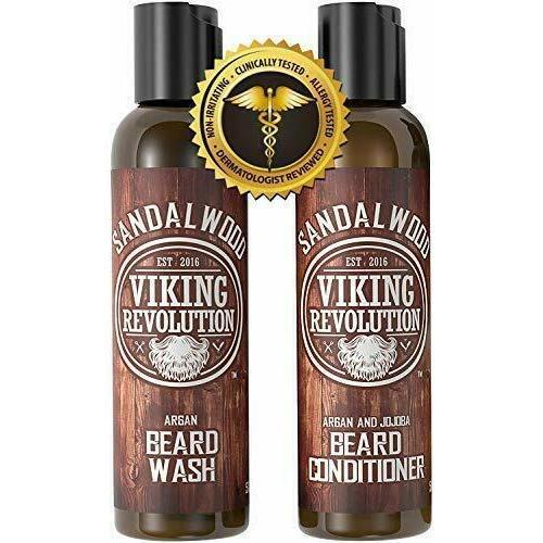 Viking Revolution Beard Wash & Beard Conditioner Set w Argan & Jojoba Oils - Softens & Strengthens - Natural Sandalwood Scent - Beard Shampoo w Beard Oil (5oz)