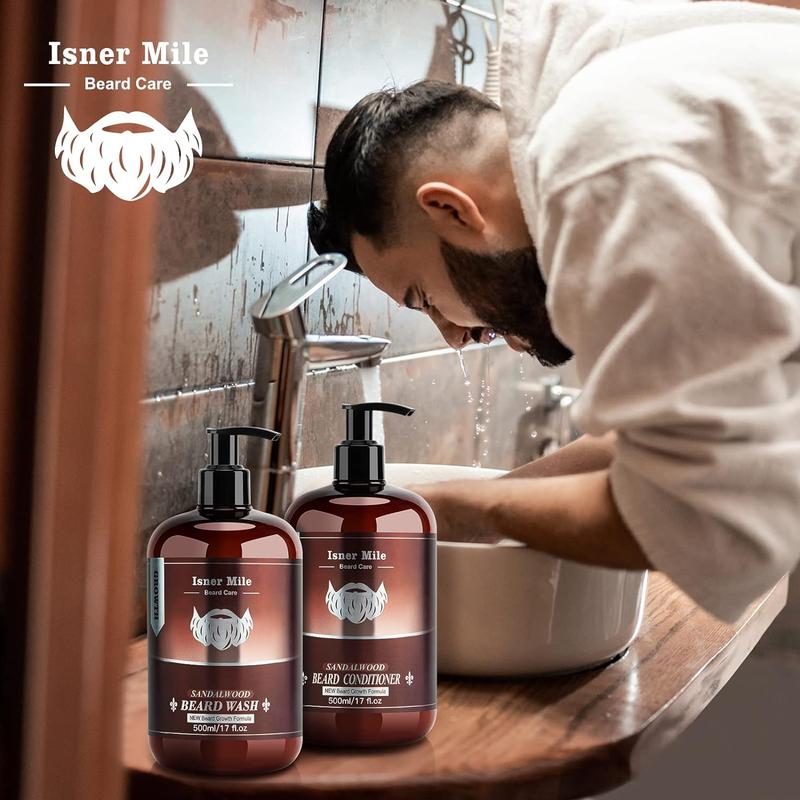 ISNER MILE Beard Wash & Conditioner Set 17 oz Men Beard Shampoo Conditioner Kit with Biotin Argan & Jojoba Oils Smooth Soften Strengthen Beard Shampoo Sandalwood Beard Oil Conditioner Christmas Father's Day Valentine's Day Gifts for Men Hair Care Comfort