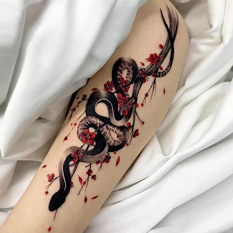 Snake and Plum Blossom Pattern Temporary Tattoo Sticker, 4 Counts set Waterproof Long Lasting Fake Tattoo Sticker, Body Art Sticker for Women & Men