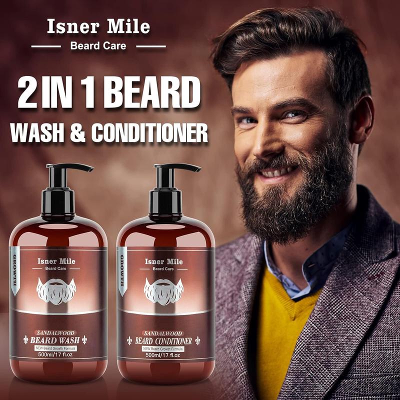 ISNER MILE Beard Wash & Conditioner Set 17 oz Men Beard Shampoo Conditioner Kit with Biotin Argan & Jojoba Oils Smooth Soften Strengthen Beard Shampoo Sandalwood Beard Oil Conditioner Christmas Father's Day Valentine's Day Gifts for Men Hair Care Comfort