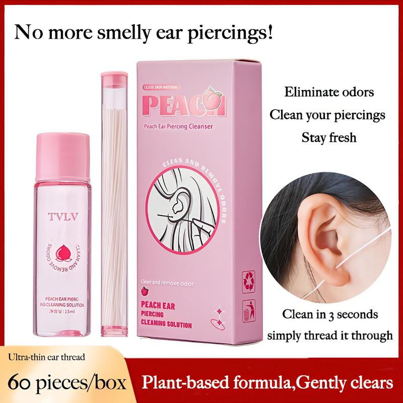 Ear Hole Cleaning Thread & Peach-Scented Ear Cleaning Solution, Gentle Hydration Refreshing Peach Aroma for Sensitive Skin