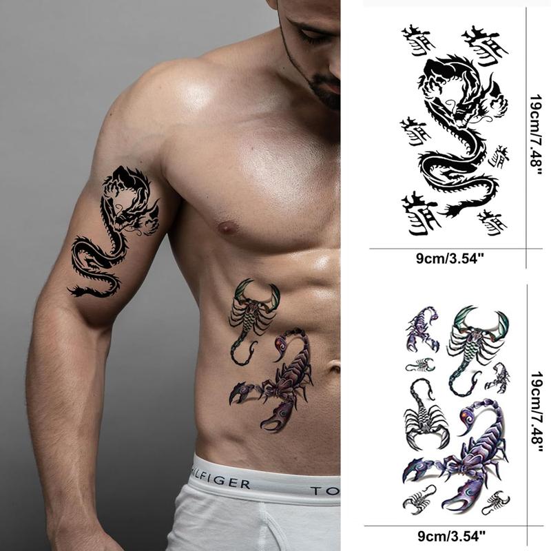 Cool Chinese Dragon Temporary Tattoo Men, Realistic Dragon Tribal 3D Scorpion Fake Tattoo Adult Boy Chest, Black Red Half Sleeve Temp Tatoo Sticker Teen Arm Art Makeup, 8-Sheet