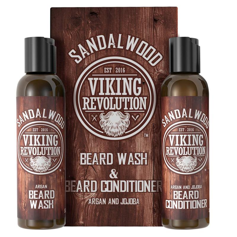 Viking Revolution Beard Wash & Beard Conditioner Set w Argan & Jojoba Oils - Softens & Strengthens - Natural Sandalwood Scent - Beard Shampoo w Beard Oil (5oz)