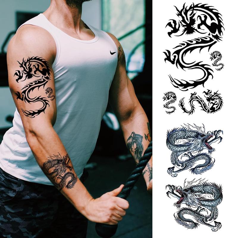 Cool Chinese Dragon Temporary Tattoo Men, Realistic Dragon Tribal 3D Scorpion Fake Tattoo Adult Boy Chest, Black Red Half Sleeve Temp Tatoo Sticker Teen Arm Art Makeup, 8-Sheet