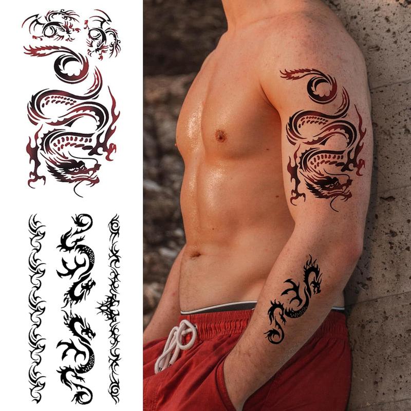 Cool Chinese Dragon Temporary Tattoo Men, Realistic Dragon Tribal 3D Scorpion Fake Tattoo Adult Boy Chest, Black Red Half Sleeve Temp Tatoo Sticker Teen Arm Art Makeup, 8-Sheet