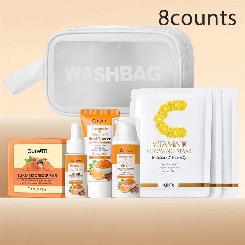 Turmeric Vitamin C Skin Care Set (8 Counts set), Facial Cleanser & Cleansing Soap & Serum & Cream & Mask & Storage Bag, Moisturizing Skin Care Kit for Women