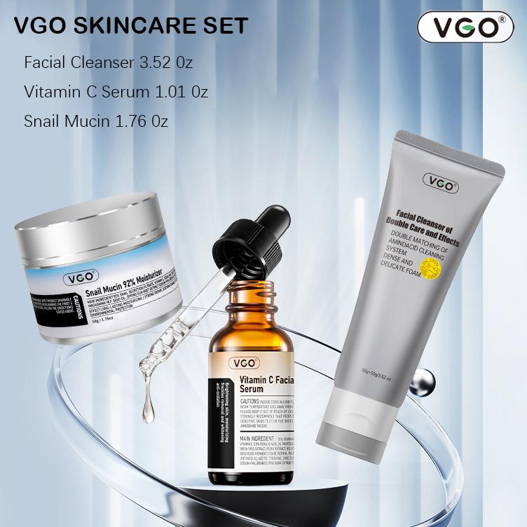 VGO Skin Care Set, with Snail Mucin 92% Moisturizer 1.76 Oz, Vitamin C Serum 1.01 Oz & Dual-Tube Facial Cleanser 3.52 Oz, 3 Step Skin Care Kit vgo skin