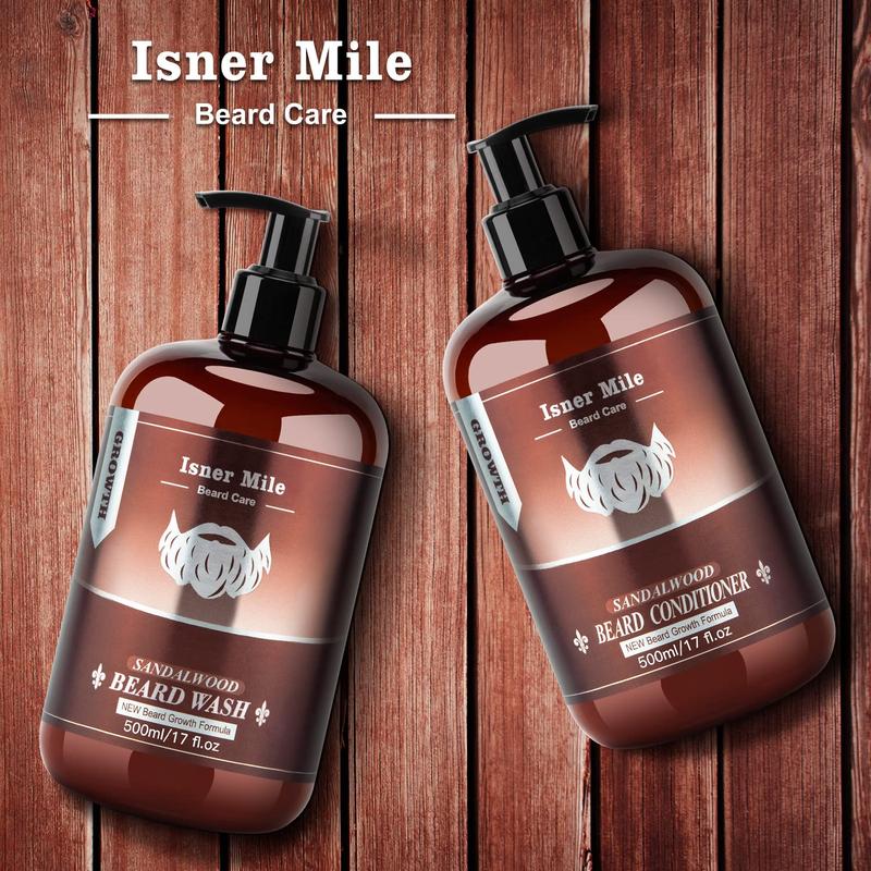 ISNER MILE Beard Wash & Conditioner Set 17 oz Men Beard Shampoo Conditioner Kit with Biotin Argan & Jojoba Oils Smooth Soften Strengthen Beard Shampoo Sandalwood Beard Oil Conditioner Christmas Father's Day Valentine's Day Gifts for Men Hair Care Comfort