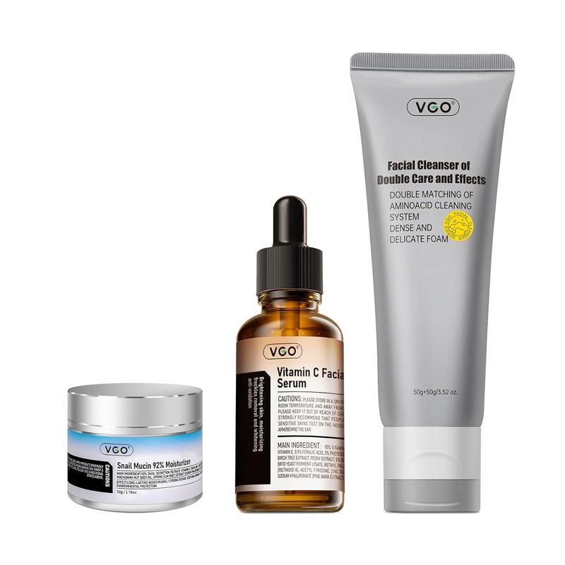 VGO Skin Care Set, with Snail Mucin 92% Moisturizer 1.76 Oz, Vitamin C Serum 1.01 Oz & Dual-Tube Facial Cleanser 3.52 Oz, 3 Step Skin Care Kit vgo skin