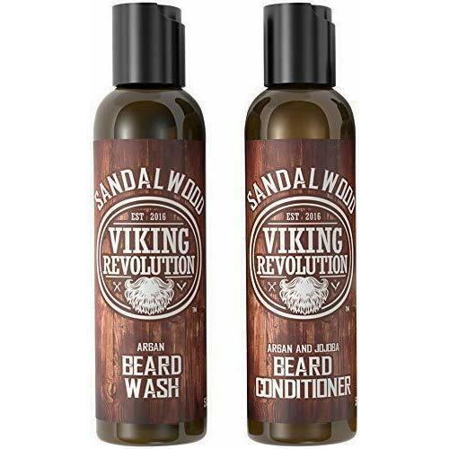 Viking Revolution Beard Wash & Beard Conditioner Set w Argan & Jojoba Oils - Softens & Strengthens - Natural Sandalwood Scent - Beard Shampoo w Beard Oil (5oz)