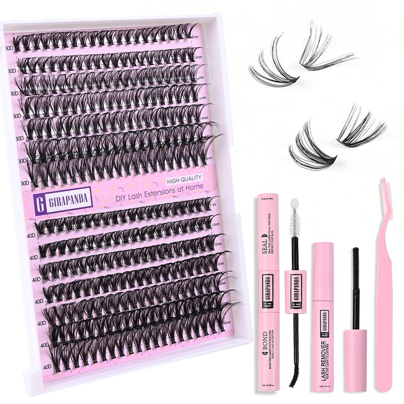 Girapanda 60D 80D Fluffy Lash Extension Kit, 30D 40D Cluster Eyelash Extension, 280PCS Cluster Eyelash Extensions with Lash Bond and Seal, Lash Remover, Lash Tweezers, 60D 80D Individual Lashes Wispy D Curl Mixed 10-18mm DIY Eyelash Extensions Kit