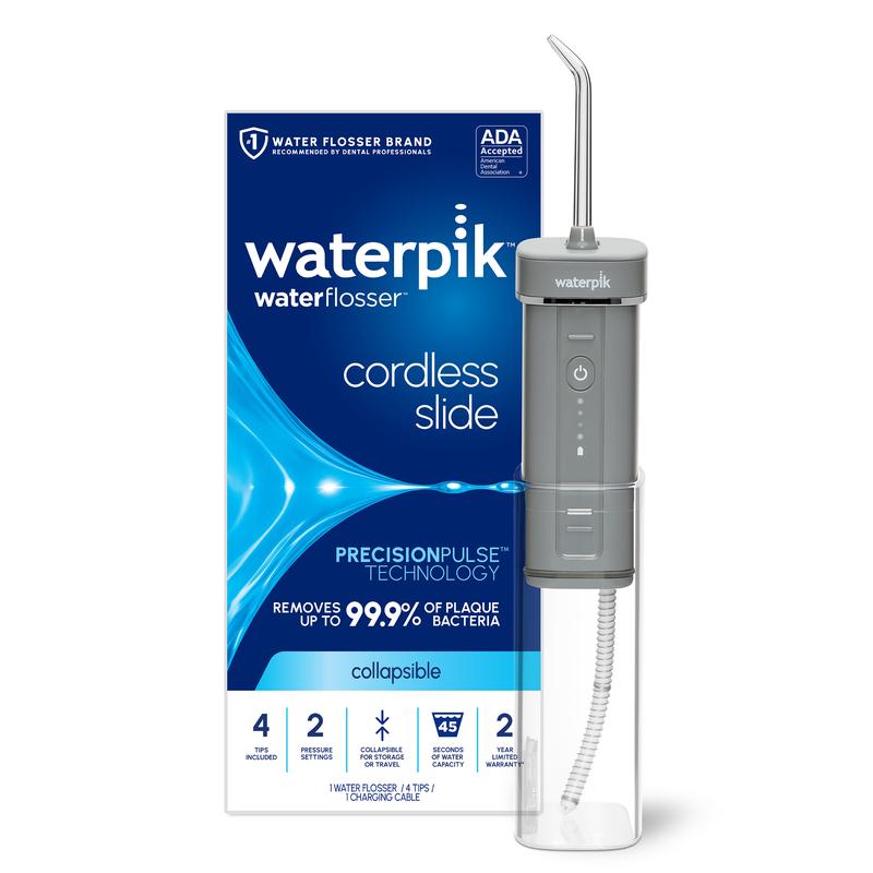 Waterpik Cordless Slide Professional Water Flosser TikTok Shop For Teeth, Gums, Braces, Dental Care With Travel Bag and 4 Tips, ADA Accepted, Rechargeable, Portable Collapsible, and Waterproof, Gray WF-17, Packaging May Vary