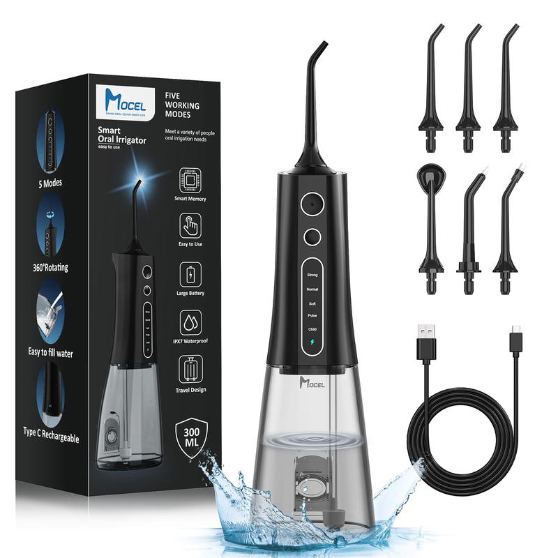 MOCEL Portabl Water Flosser Teeth Cleaner 5 Modes 6 tips Cordless Oral Irrigator and USB C Rechargeable IPX7 Waterproof tooth water pick for Home Travel Rechargeable Portable Rechargeable Portable