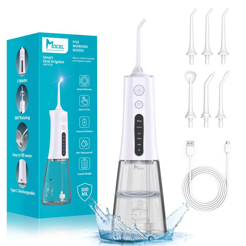 MOCEL Portabl Water Flosser Teeth Cleaner 5 Modes 6 tips Cordless Oral Irrigator and USB C Rechargeable IPX7 Waterproof tooth water pick for Home Travel Rechargeable Portable Rechargeable Portable