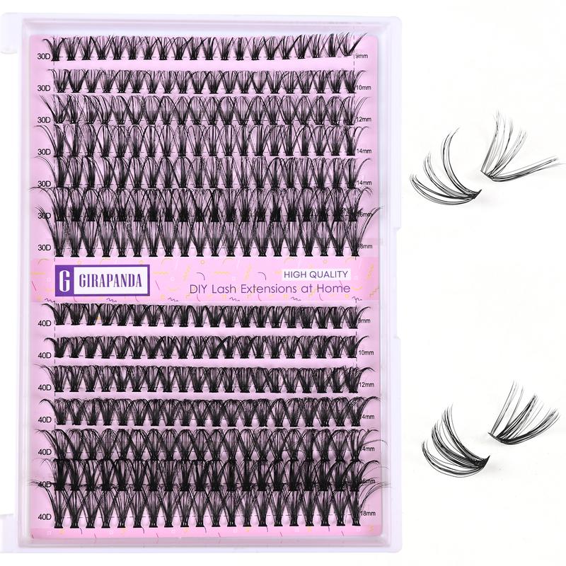 Girapanda 60D 80D Fluffy Lash Extension Kit, 30D 40D Cluster Eyelash Extension, 280PCS Cluster Eyelash Extensions with Lash Bond and Seal, Lash Remover, Lash Tweezers, 60D 80D Individual Lashes Wispy D Curl Mixed 10-18mm DIY Eyelash Extensions Kit