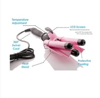 3-Barrel Curling Iron for Beachy Frizz-Free Waves with LCD Temperature Display - 1 Inch Ceramic Tourmaline Triple Barrel, Dual Voltage Crimping Tool