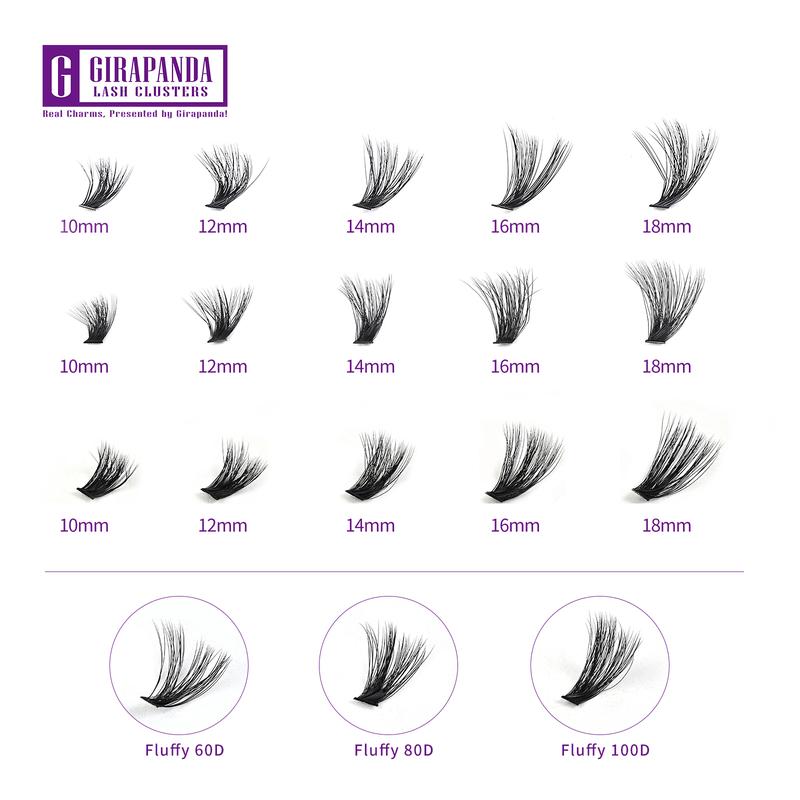 Girapanda 60D 80D Fluffy Lash Extension Kit, 30D 40D Cluster Eyelash Extension, 280PCS Cluster Eyelash Extensions with Lash Bond and Seal, Lash Remover, Lash Tweezers, 60D 80D Individual Lashes Wispy D Curl Mixed 10-18mm DIY Eyelash Extensions Kit