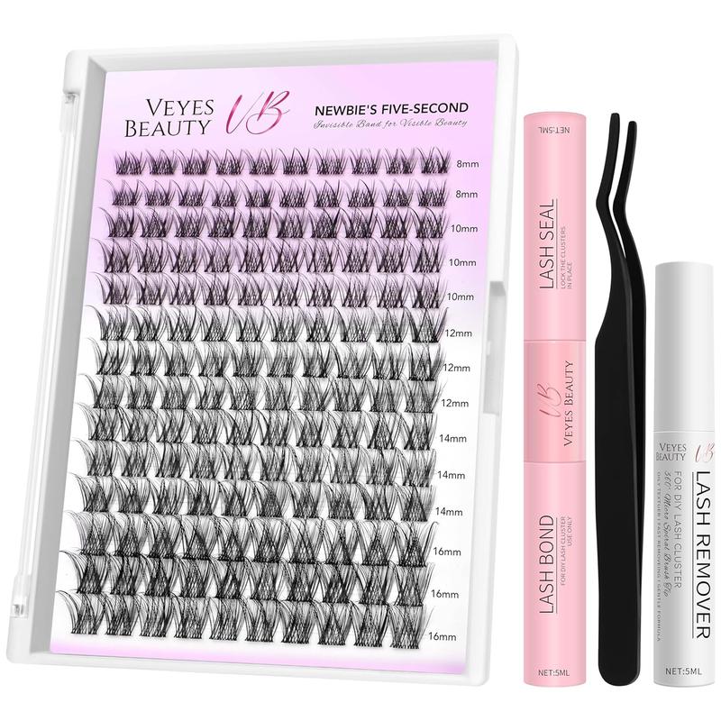 VEYESBEAUTY LuxeBold Cluster Lashes Kit Individual Lash Extensions Newbie's Five-Second DIY Dramatic Volume Eyelash Wispy Faux Mink Lash Mixed Length Tray with Bond & Seal, Applicator at Home Fluffy