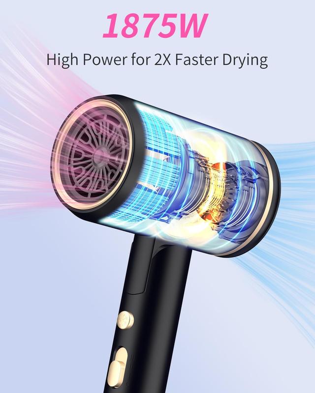 Portable Ionic Hair Dryer, Foldable Handle Hair Dryer,1875W Blow Dryer with Diffuser Concentrator Comb Nozzle,Intelligent Temperature Control,Low Noise for Home Salon Travel (Black)