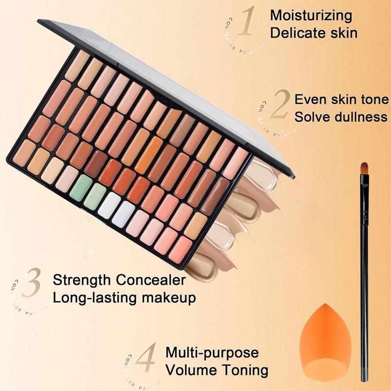 Concealer Palette, 1 Set 50-color Concealer Palette with 1 Count Beauty Blender and 1 Count Makeup Brush, Portable Multifunctional Makeup Palette, Cosmetics Palette